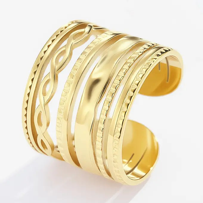 Anello Cuff in Acciaio Inossidabile Oro | Design Multibanda Intrecciato Regolabile