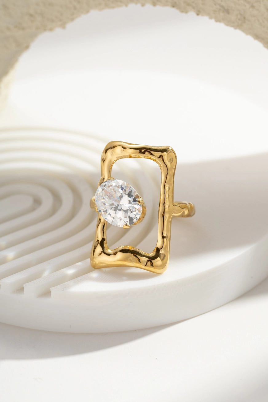 Anello Aura Recta in Acciaio Inossidabile Oro con Cristallo Trasparente