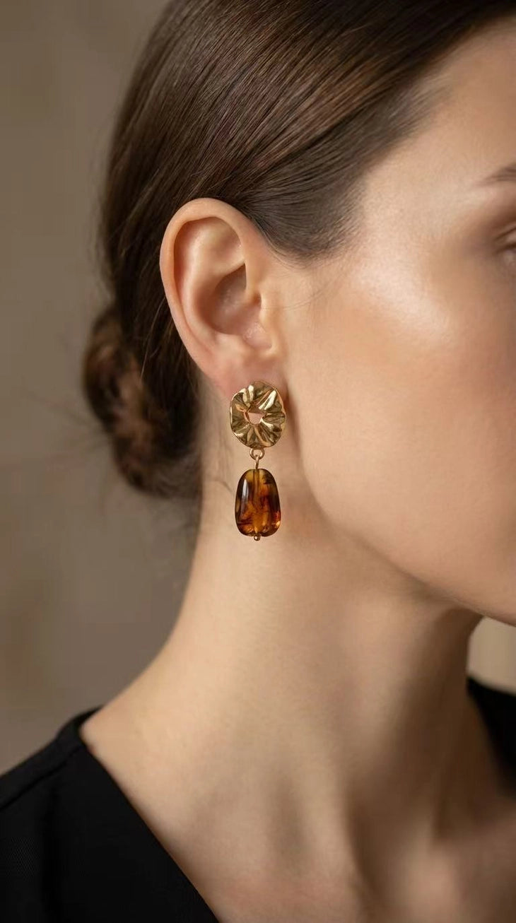 AMBRIA Earrings - Women's Gold Stainless Steel Earrings with Amber Effect Pendant