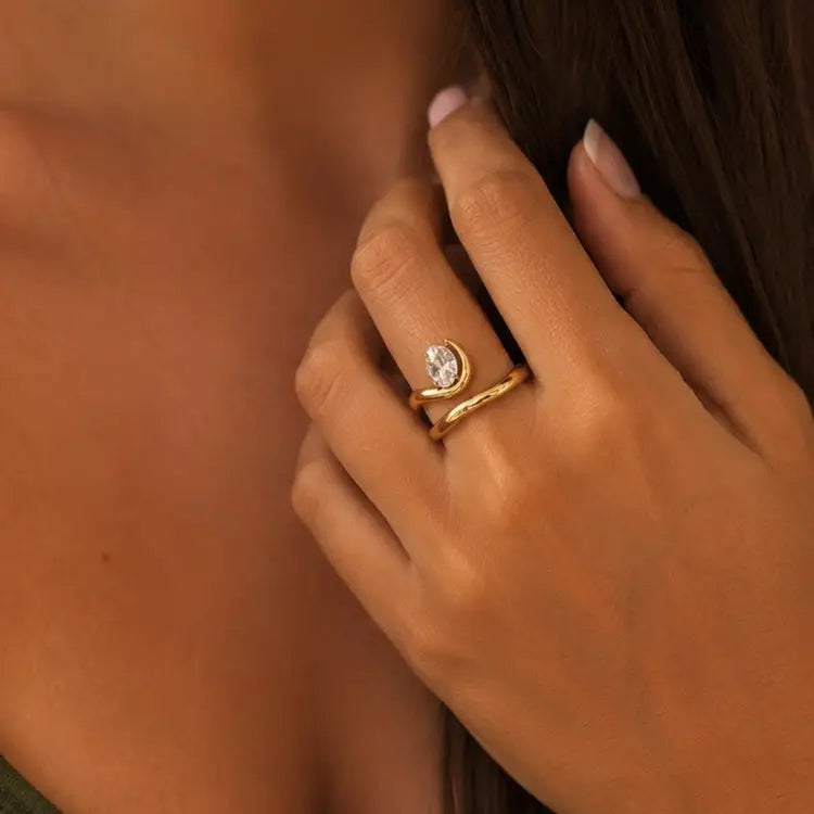 Anello A Spire "Wave Solitaire", Anello Aperto a Spira Donna Acciaio Inox Regolabile Zircone Ovale Oro e Argento