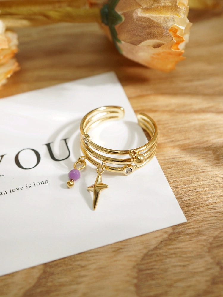 Anello Astrale – Anello a fasce sottili con pendenti in Acciaio Placcato Oro