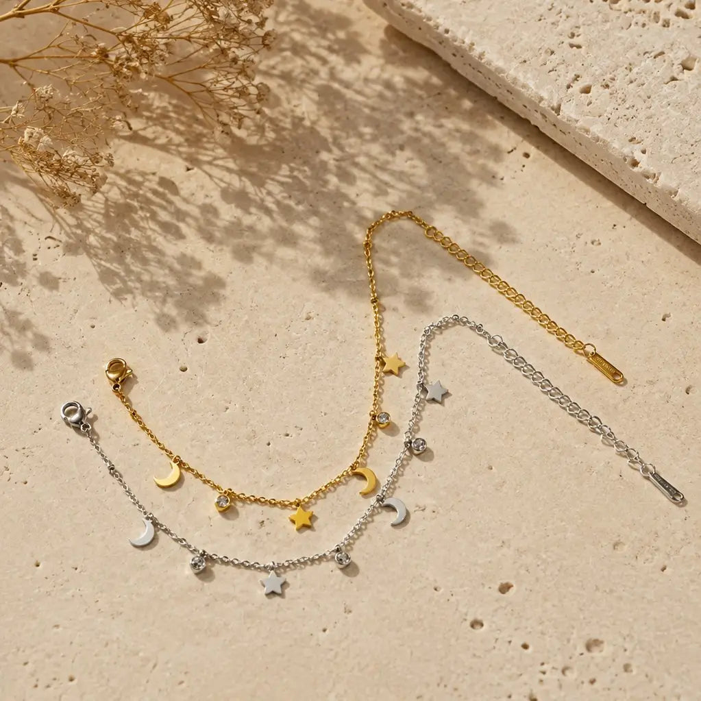 Bracciale "Sogno Stellato", Bracciale Charm Donna Acciaio Inox Luna e Stelle con Zirconi