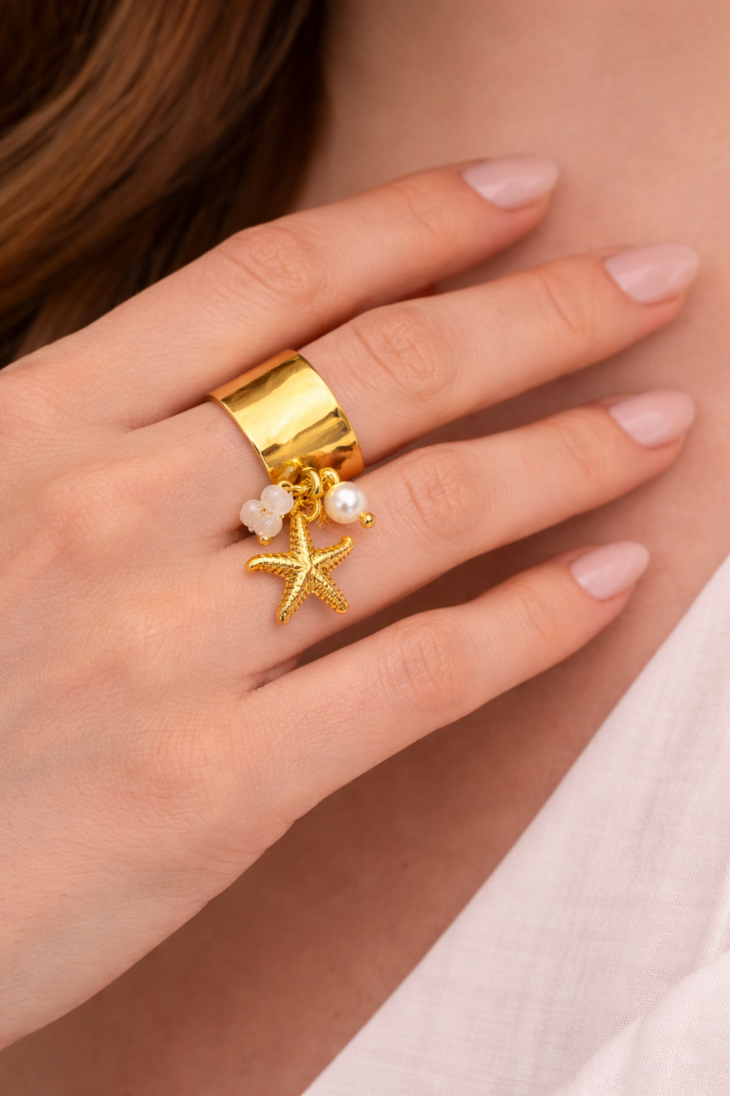 Anello regolabile stella marina e perle in acciaio inossidabile oro – anello estivo donna