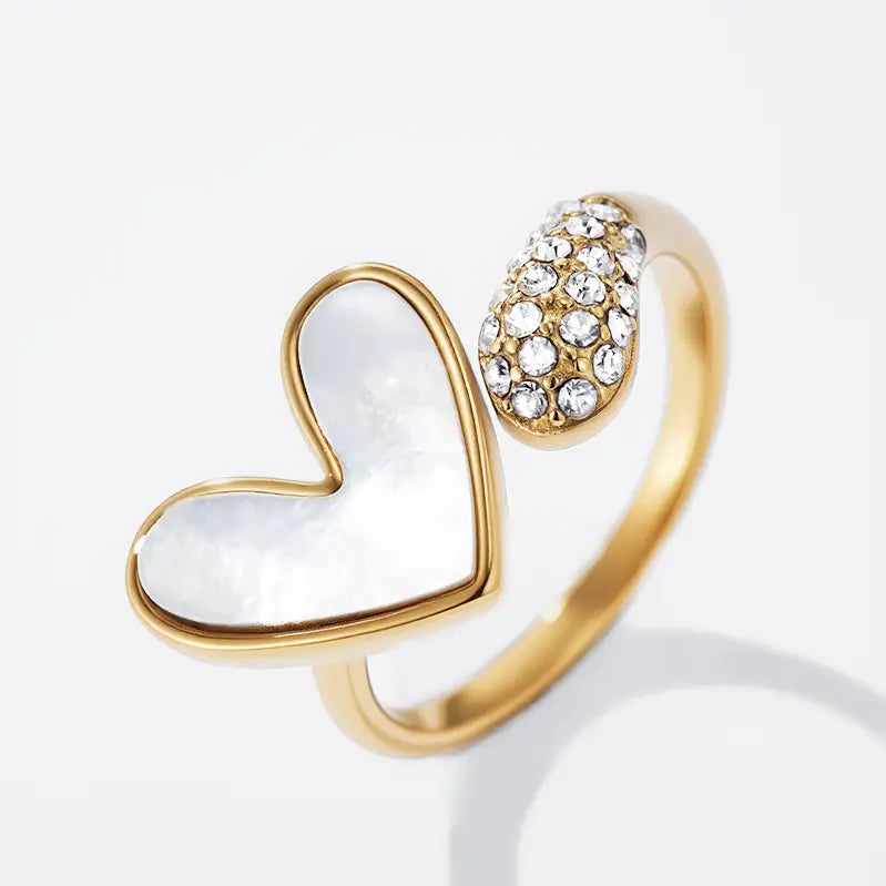 Cuore di Luce – Anello Regolabile in Acciaio Inossidabile con Madreperla e Zirconi