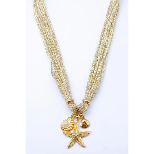Collana "Incanto Marino" – Collana Multifilo Dorata in Acciaio Inossidabile con Pendente Stella Marina e Conchiglie