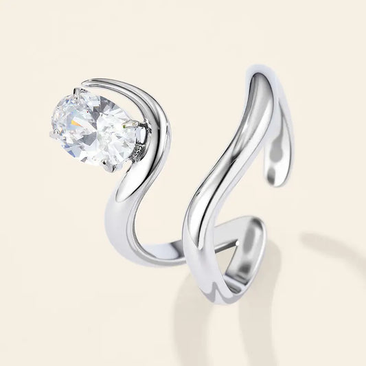 Anello A Spire "Wave Solitaire", Anello Aperto a Spira Donna Acciaio Inox Regolabile Zircone Ovale Oro e Argento