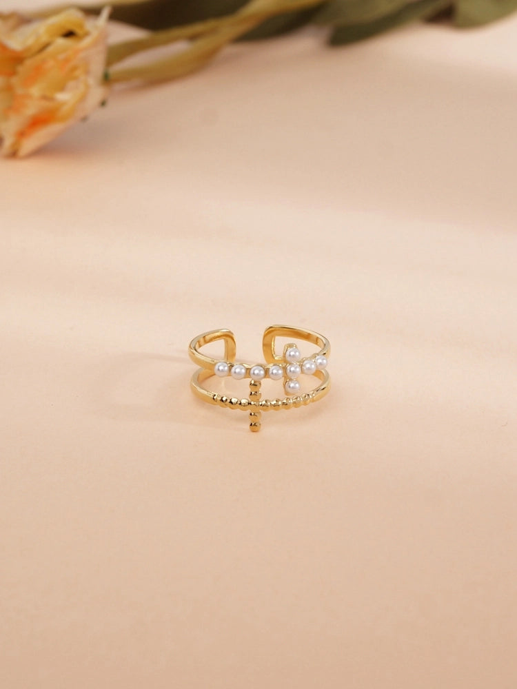 Anello Divine Pearl con Croce e Perline in Acciaio Inossidabile Oro Regolabile
