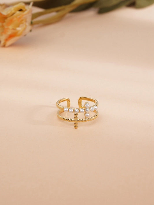 Anello Divine Pearl con Croce e Perline in Acciaio Inossidabile Oro Regolabile