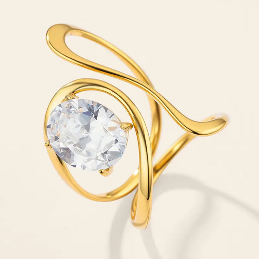Anello "Fluid Solitaire", Anello Aperto Donna Acciaio Inox Regolabile Design Fluido con Solitario Ovale Oro e Argento