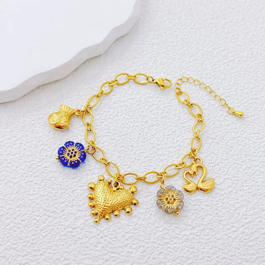 Bracciale "Aura Mediterranea", Bracciale Charm Donna in Acciaio Inox Dorato con Cuore e Fiori