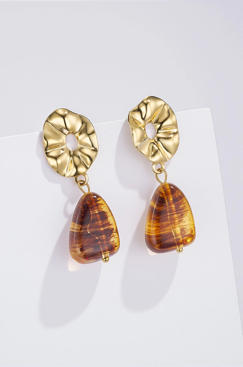 AMBRIA Earrings - Women's Gold Stainless Steel Earrings with Amber Effect Pendant