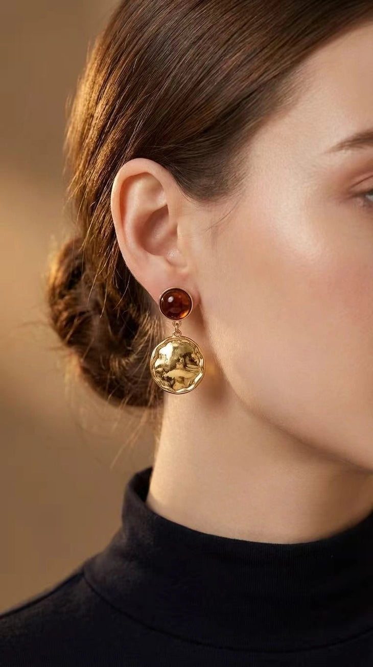 AUREA Earrings – Gold Stainless Steel Women's Earrings with Amber Effect Pendant