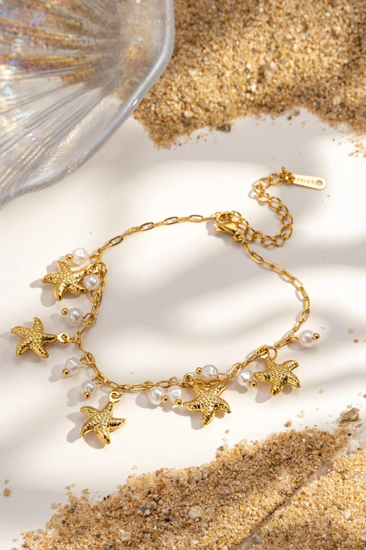 Bracciale stelle marine e perle in acciaio inossidabile oro – bracciale estivo donna regolabile