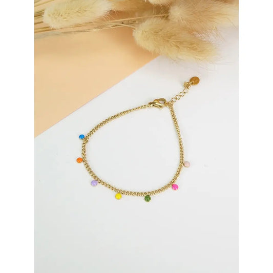 Bracciale Rainbow Drops in Acciaio Inox Dorato | Catena Delicata con Palline Smaltate Multicolore | Gioiello Resistente e Ipoallergenico