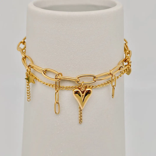 Bracciale Golden Heart Charm in Acciaio Inossidabile Oro – Bracciale Donna con Cuore e Charm