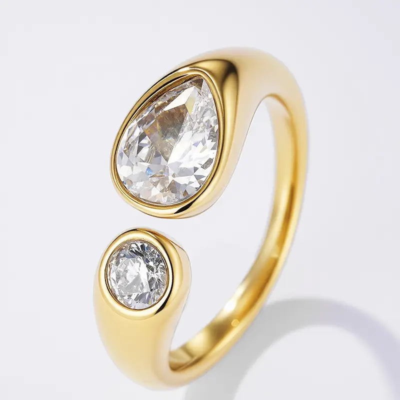 Anello Dual Shine – Anello Aperto Regolabile con Doppio Cristallo Taglio Goccia e Rotondo