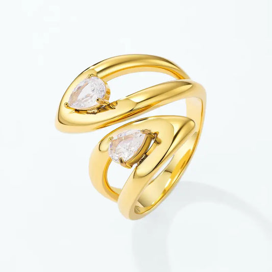 Anello Contrarié "Drop Synergy", Anello Aperto Donna Acciaio Inox Regolabile con Doppia Goccia Zirconi Oro e Argento