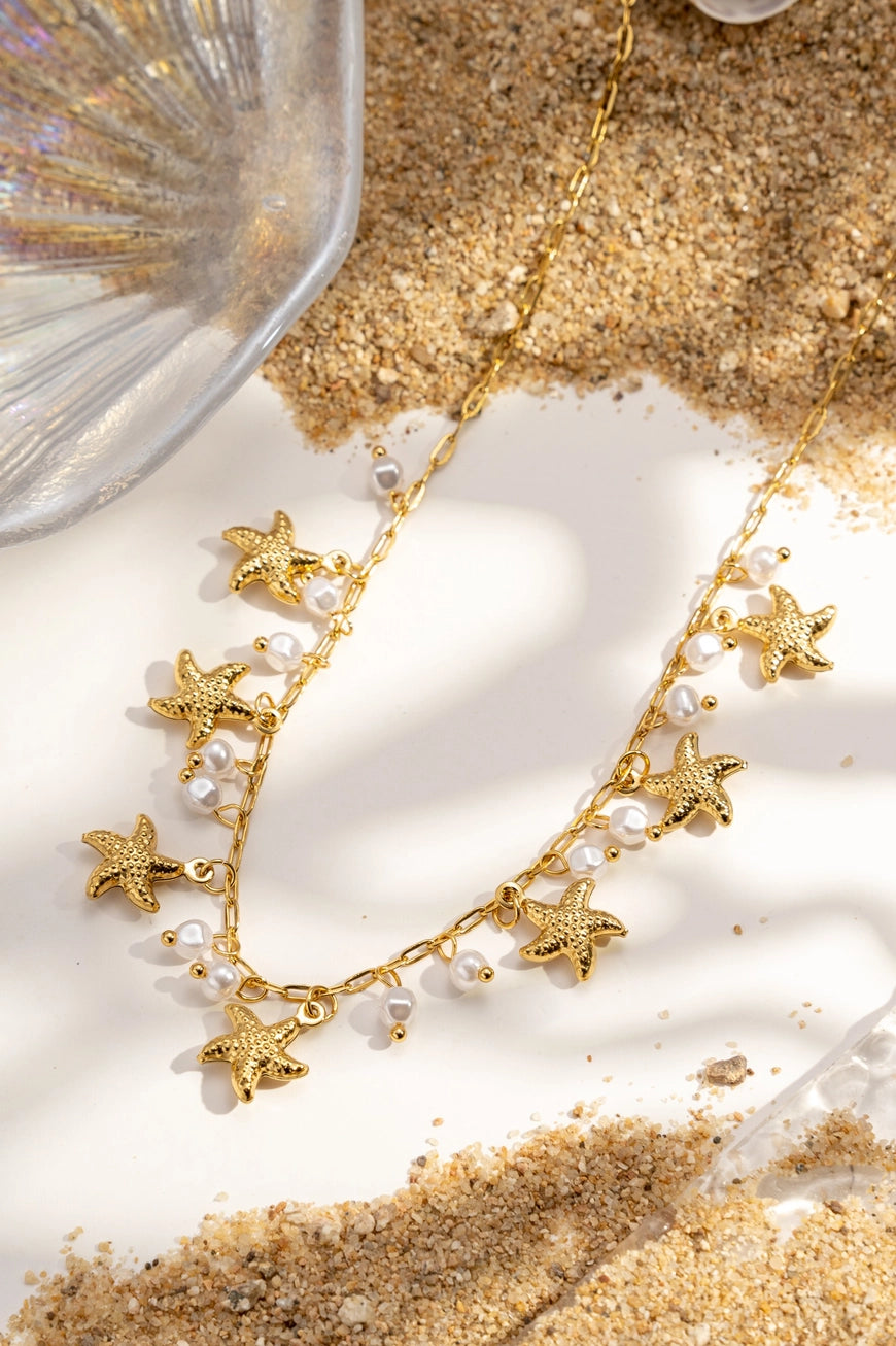 Collana Mare Divina in acciaio inossidabile oro – collana con stelle marine e perline donna