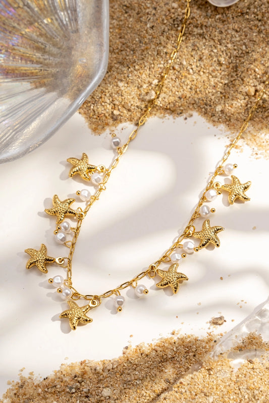 Collana Mare Divina in acciaio inossidabile oro – collana con stelle marine e perline donna