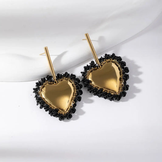 Orecchini Cœur Précieux  | Cuore Dorato con Perline Nere | Acciaio Inossidabile Glamour