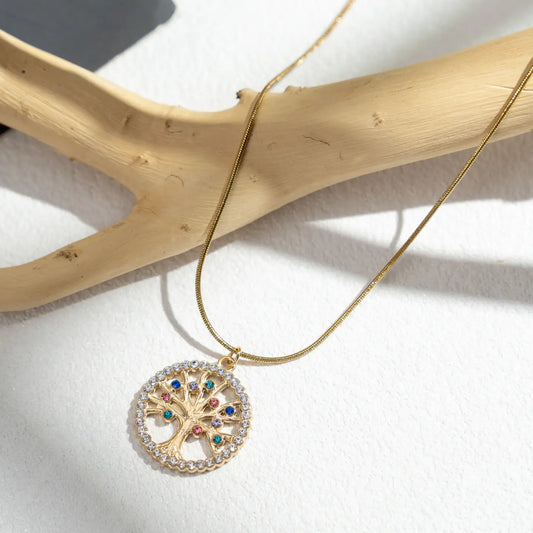 Collana "Albero della Vita Radioso", Collana Albero della Vita Donna in Acciaio Inox Dorato con Zirconi