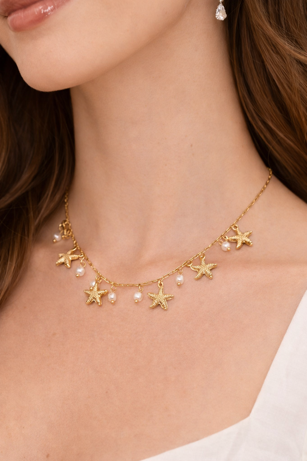 Collana Mare Divina in acciaio inossidabile oro – collana con stelle marine e perline donna