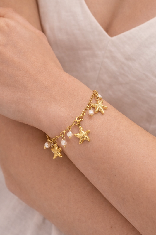 Bracciale stelle marine e perle in acciaio inossidabile oro – bracciale estivo donna regolabile