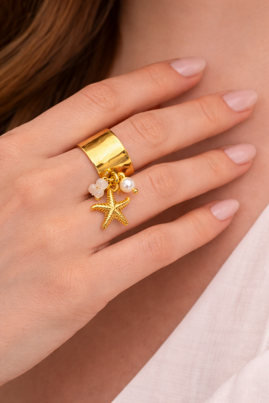 Anello regolabile stella marina e perle in acciaio inossidabile oro – anello estivo donna