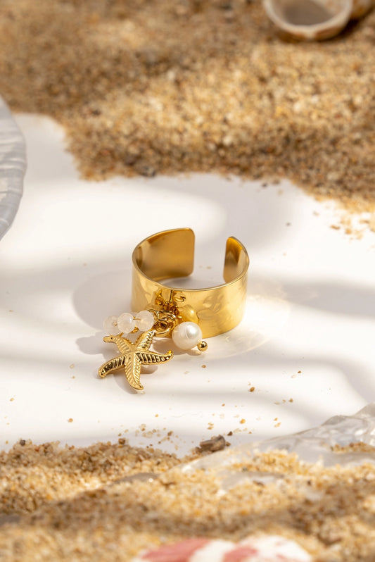 Anello regolabile stella marina e perle in acciaio inossidabile oro – anello estivo donna