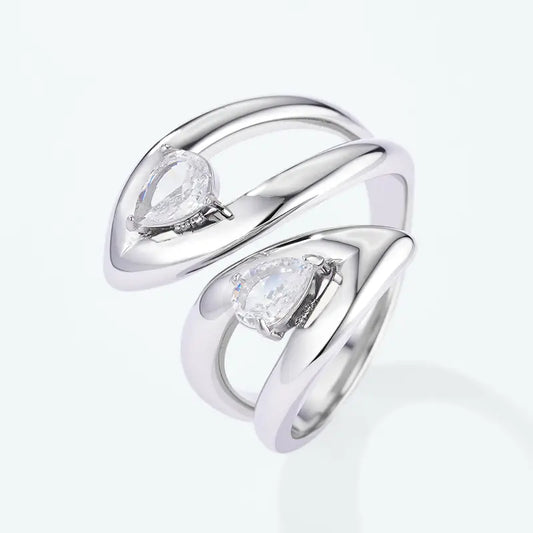 Anello Contrarié "Drop Synergy", Anello Aperto Donna Acciaio Inox Regolabile con Doppia Goccia Zirconi Oro e Argento