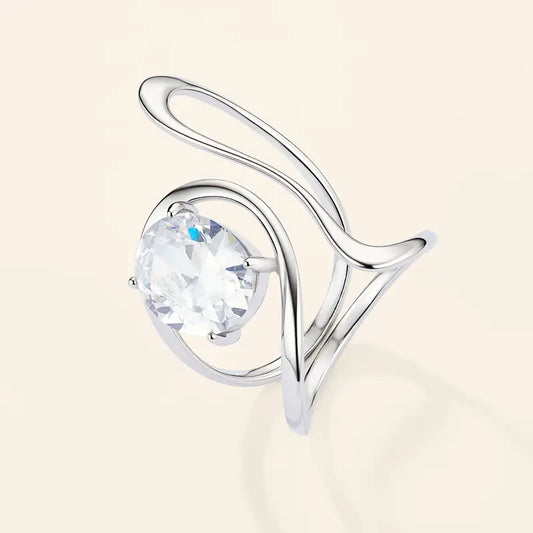 Anello "Fluid Solitaire", Anello Aperto Donna Acciaio Inox Regolabile Design Fluido con Solitario Ovale Oro e Argento