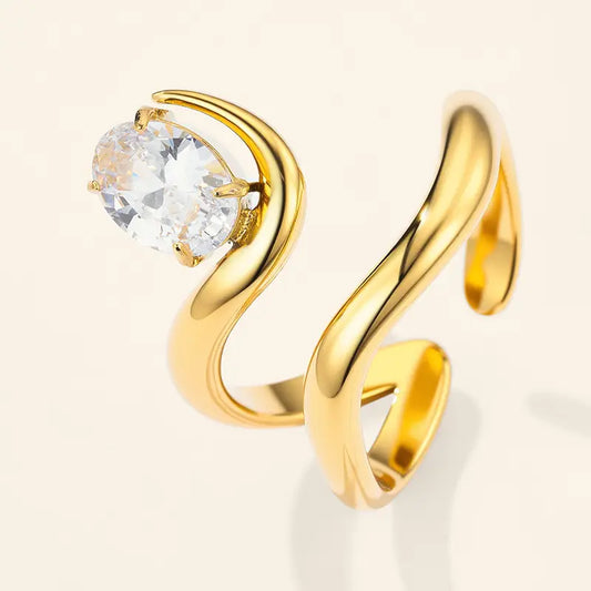 Anello A Spire "Wave Solitaire", Anello Aperto a Spira Donna Acciaio Inox Regolabile Zircone Ovale Oro e Argento